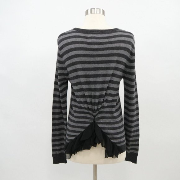 TABITHA M Charcoal/Black Stripe Cashmere Cardigan V-Neck Sweater Woven Ruffle - Picture 1 of 7